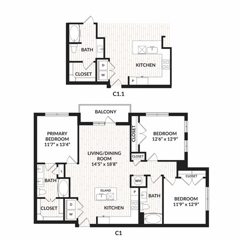 Floor plan for 3 beds, 2 baths, 1344 sqft